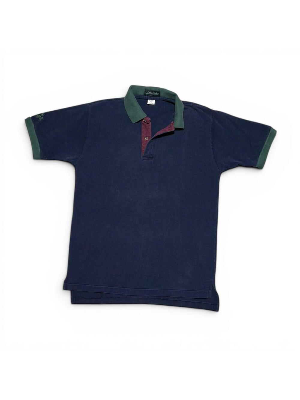 Vintage Navy Blue Cotton Polo Shirt with Green and Burgundy Accents Size M